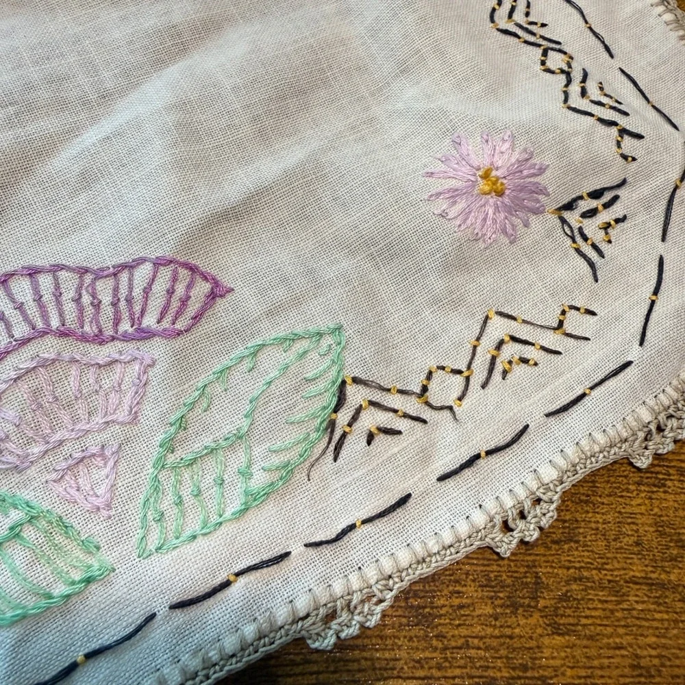 2 Vtg Hand Embroidered Linen Doily Handkerchief Floral Crochet Lace Trim Cottage